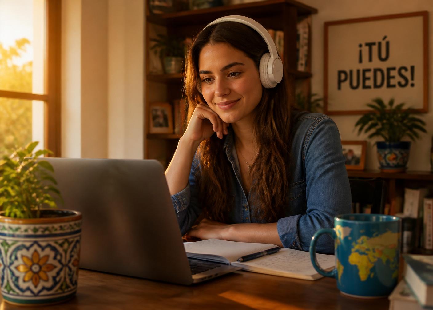 Studentessa che studia spagnolo online con cuffie e laptop