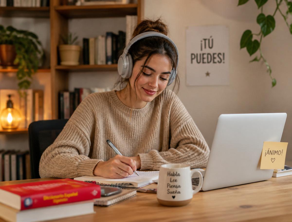 Studentessa italiana che studia spagnolo online con cuffie e laptop